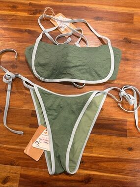 Olive Green Textured Bandeau Bikini with Contrast Trim